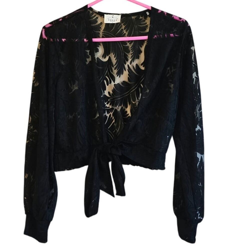 Ember leaf print semi sheer tie front light cropped cardigan size large